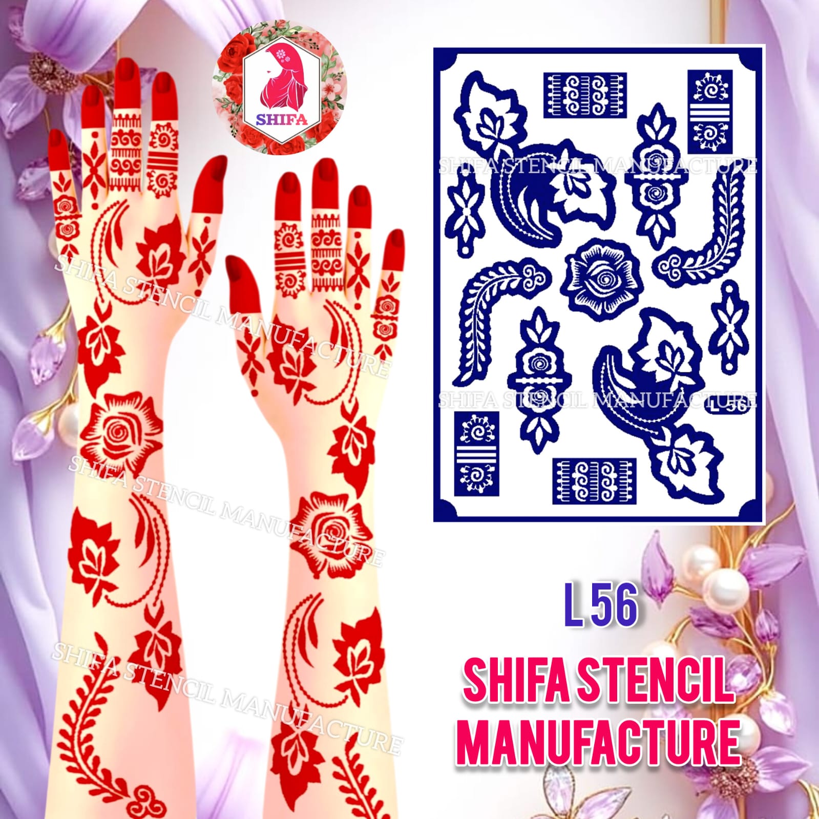 L 56 Crescent Floral Beauty Sticker ovrview Henna Stencil - Shifa Stencil